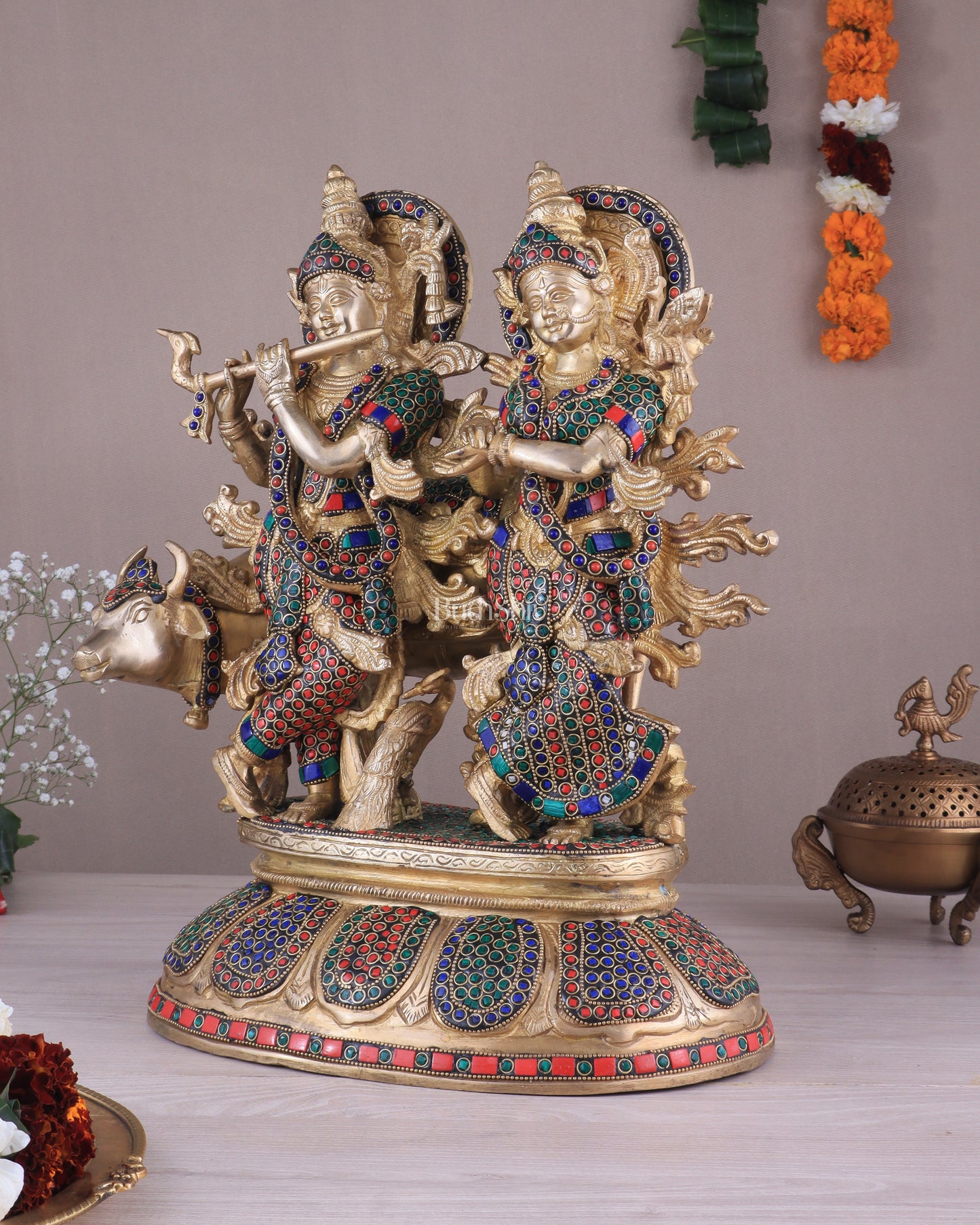 Brass Superfine Radha Krishna with Cow Idol - 16 Inch