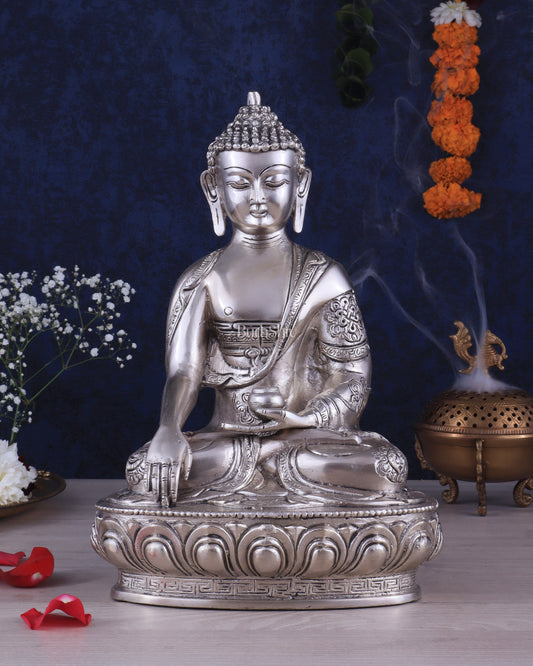 Pure Brass Blessing Buddha Statue - Silver plated , 12.5" Height