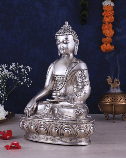 Pure Brass Blessing Buddha Statue - Silver plated , 12.5" Height