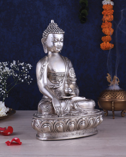 Pure Brass Blessing Buddha Statue - Silver plated , 12.5" Height