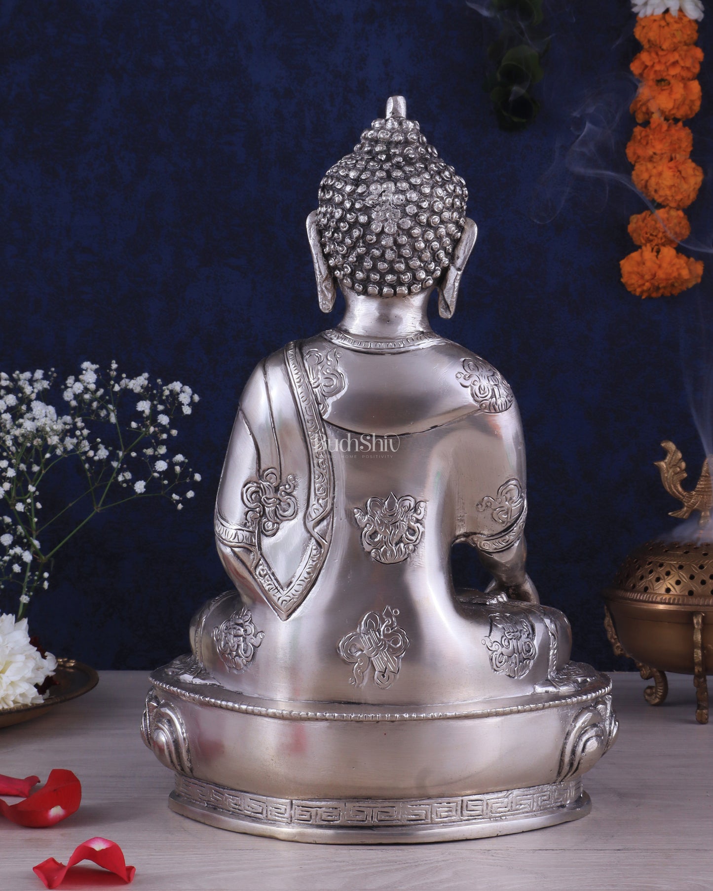 Pure Brass Blessing Buddha Statue - Silver plated , 12.5" Height