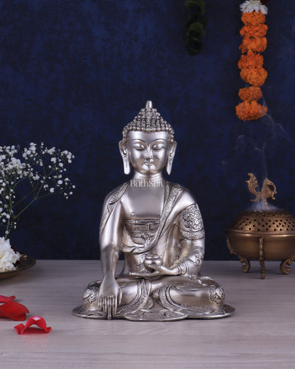 Brass Buddha Idol with Abhaya Mudra - 10 Inch silver plated