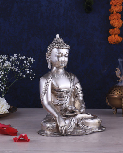 Brass Buddha Idol with Abhaya Mudra - 10 Inch silver plated