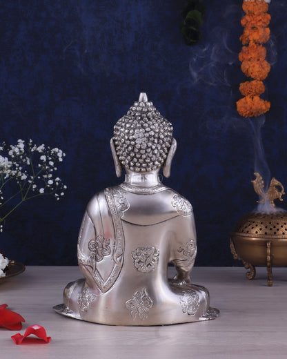 Brass Buddha Idol with Abhaya Mudra - 10 Inch silver plated