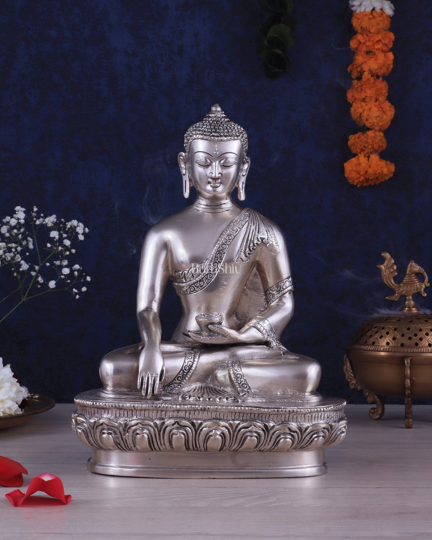 Pure Brass Buddha Blessing Mudra Statue - Silver plated, 10" Height