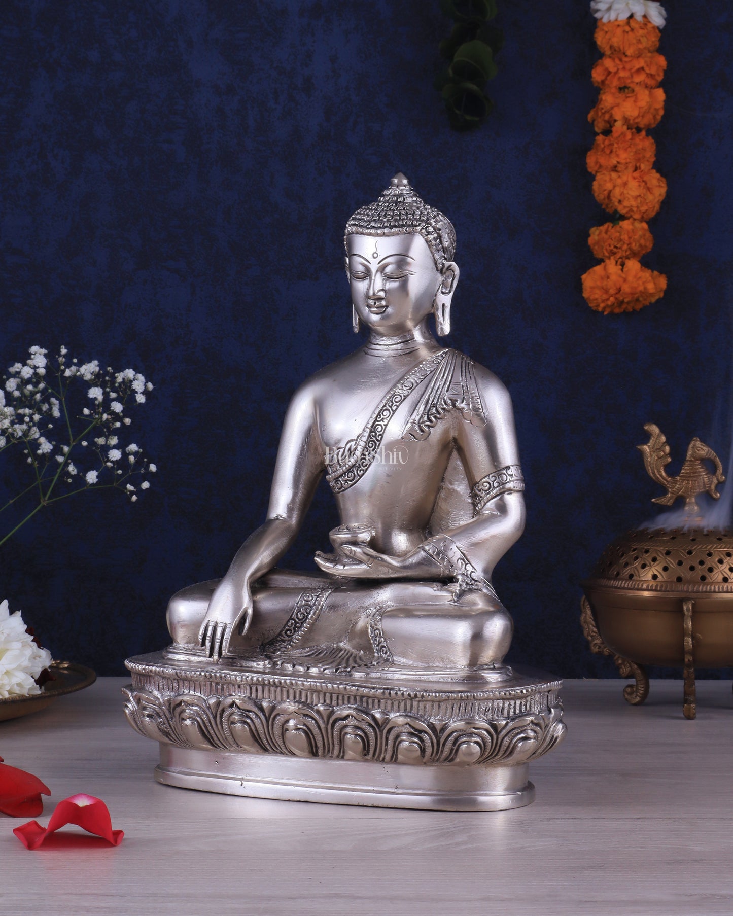 Pure Brass Buddha Blessing Mudra Statue - Silver plated, 10" Height