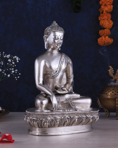 Pure Brass Buddha Blessing Mudra Statue - Silver plated, 10" Height