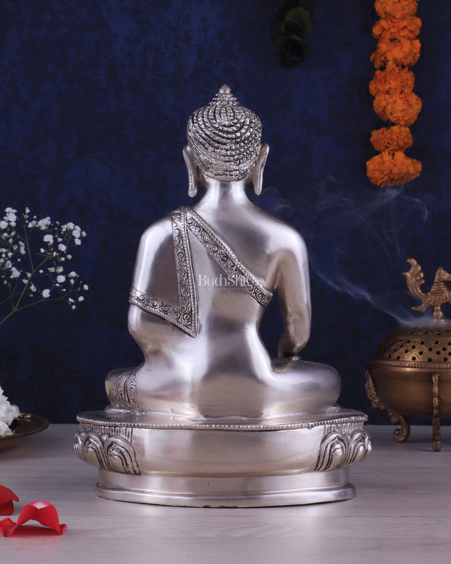 Pure Brass Buddha Blessing Mudra Statue - Silver plated, 10" Height