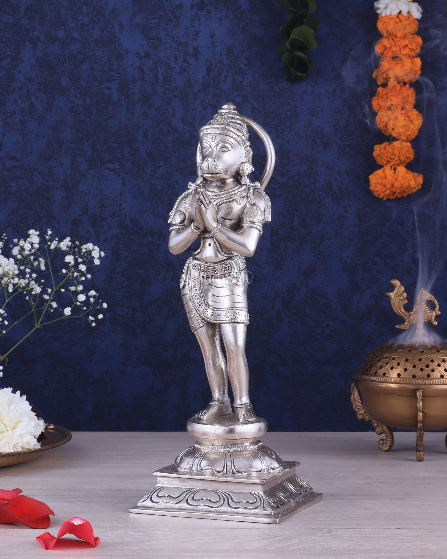 Brass Hanuman in Namaskaram anjali Mudra Statue 12 inch silver plated