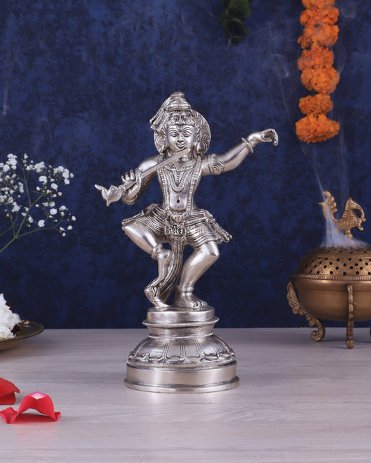 Brass Dancing Krishna Idol | Height: 9 inch with silver plated