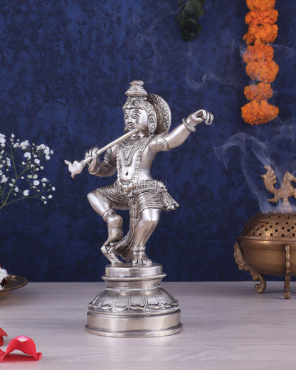 Brass Dancing Krishna Idol | Height: 9 inch with silver plated