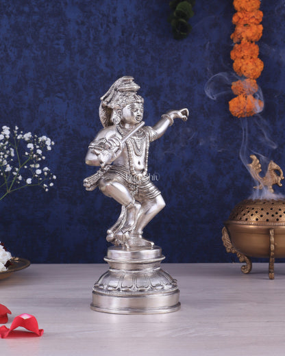 Brass Dancing Krishna Idol | Height: 9 inch with silver plated