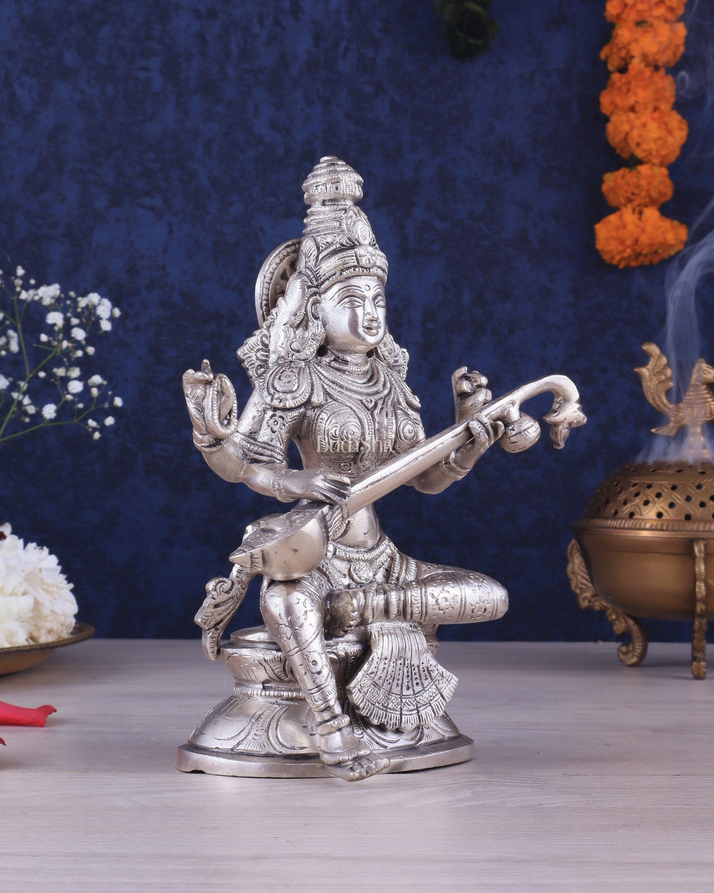 Pure Brass Silver-Plated Goddess Saraswati Idol 8"