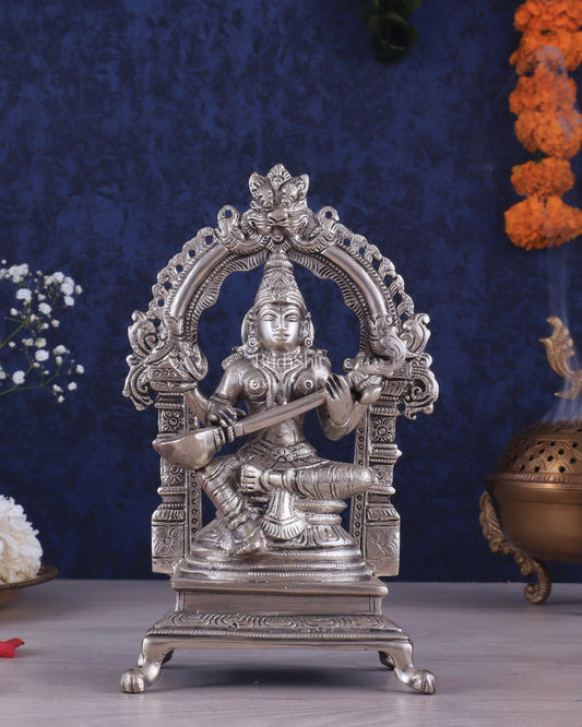 Pure Brass Goddess Saraswati Seated on a Throne – Silver Plated Idol 8.2"