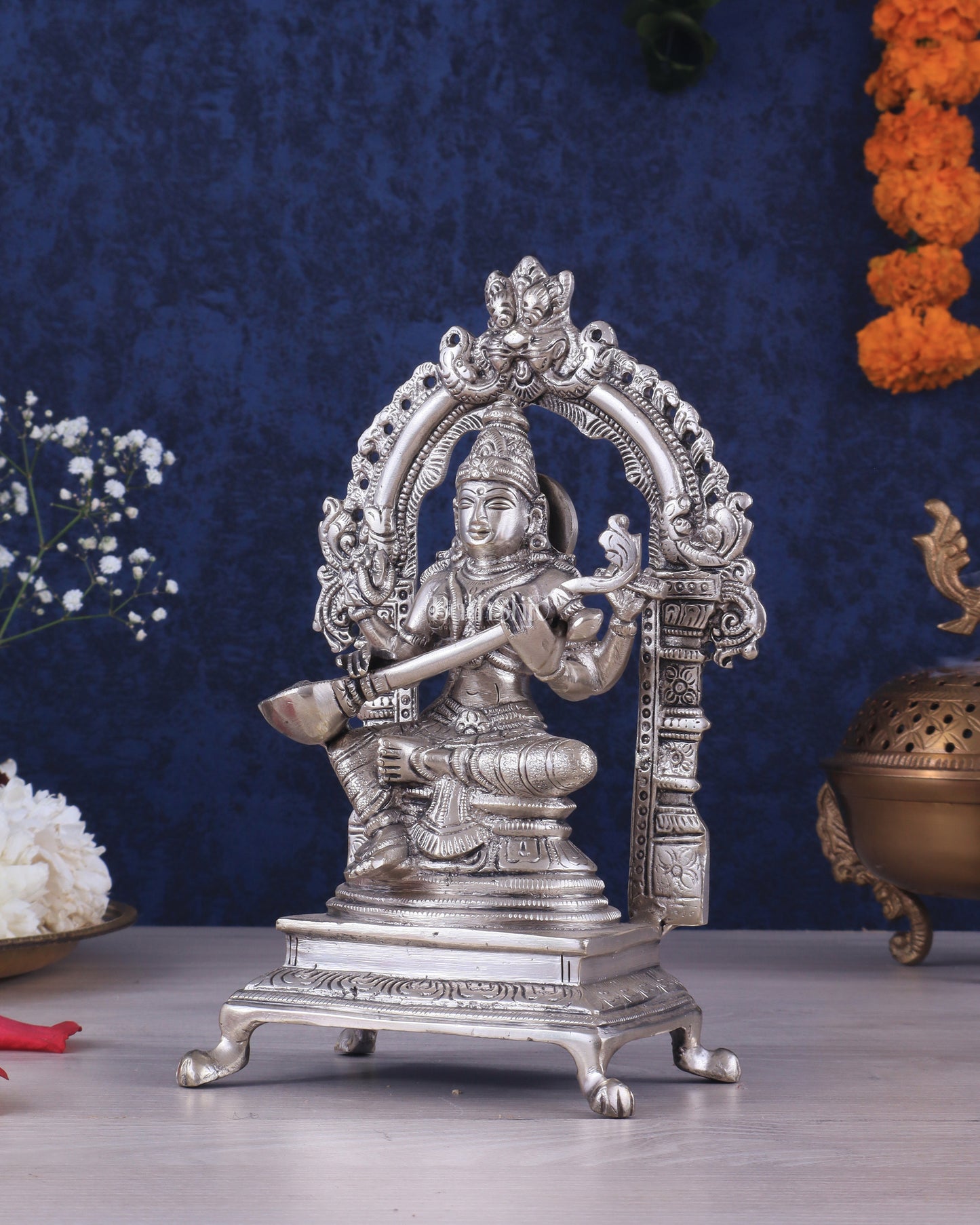 Pure Brass Goddess Saraswati Seated on a Throne – Silver Plated Idol 8.2"