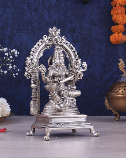 Pure Brass Goddess Saraswati Seated on a Throne – Silver Plated Idol 8.2"