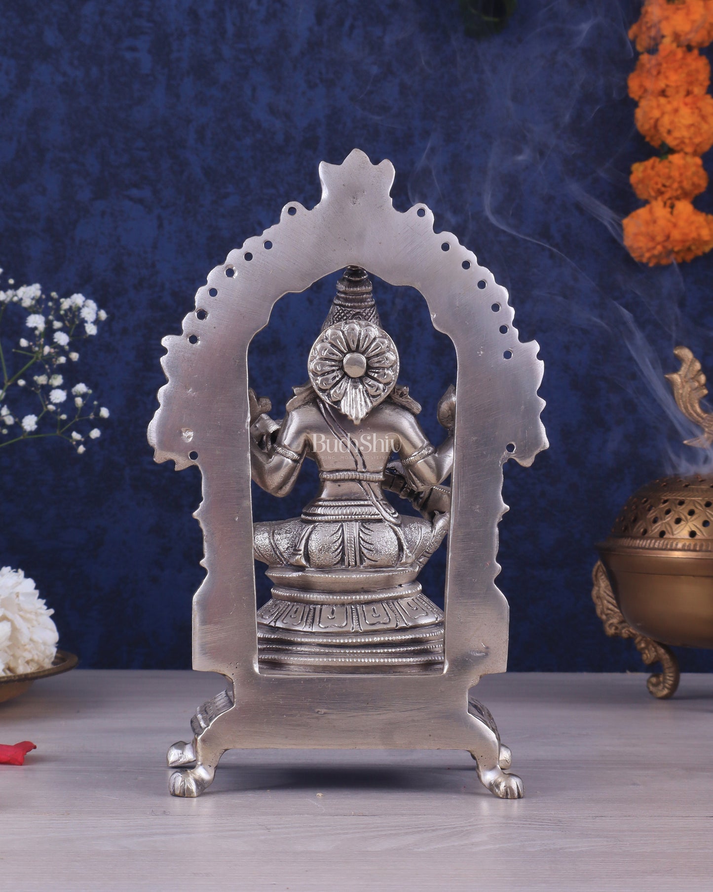 Pure Brass Goddess Saraswati Seated on a Throne – Silver Plated Idol 8.2"