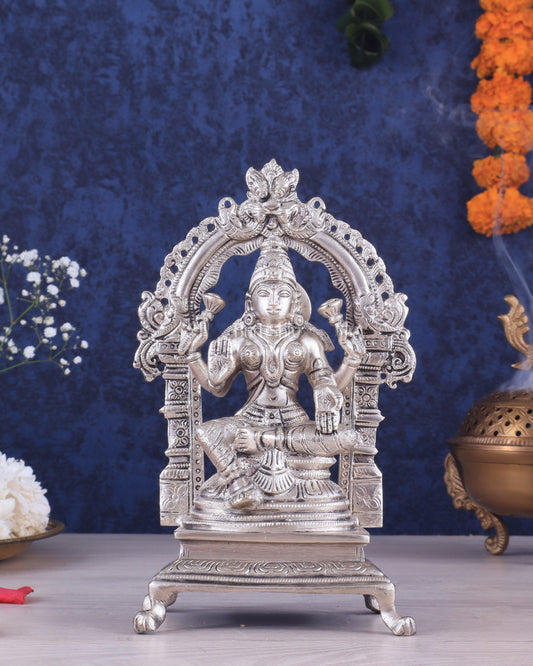 Pure Brass Goddess Lakshmi Seated on a Throne – Silver Plated Idol 8"