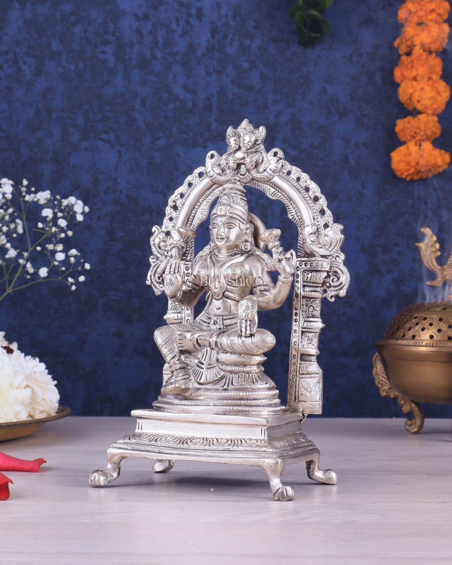 Pure Brass Goddess Lakshmi Seated on a Throne – Silver Plated Idol 8"