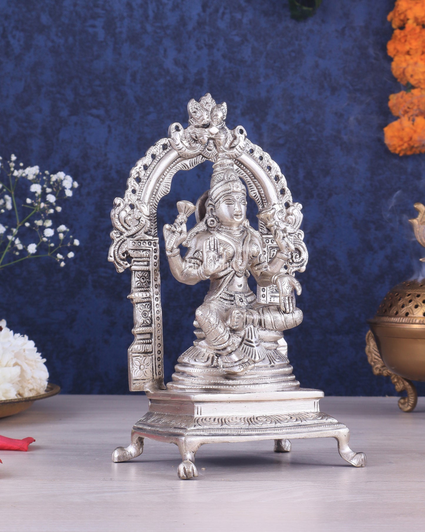 Pure Brass Goddess Lakshmi Seated on a Throne – Silver Plated Idol 8"