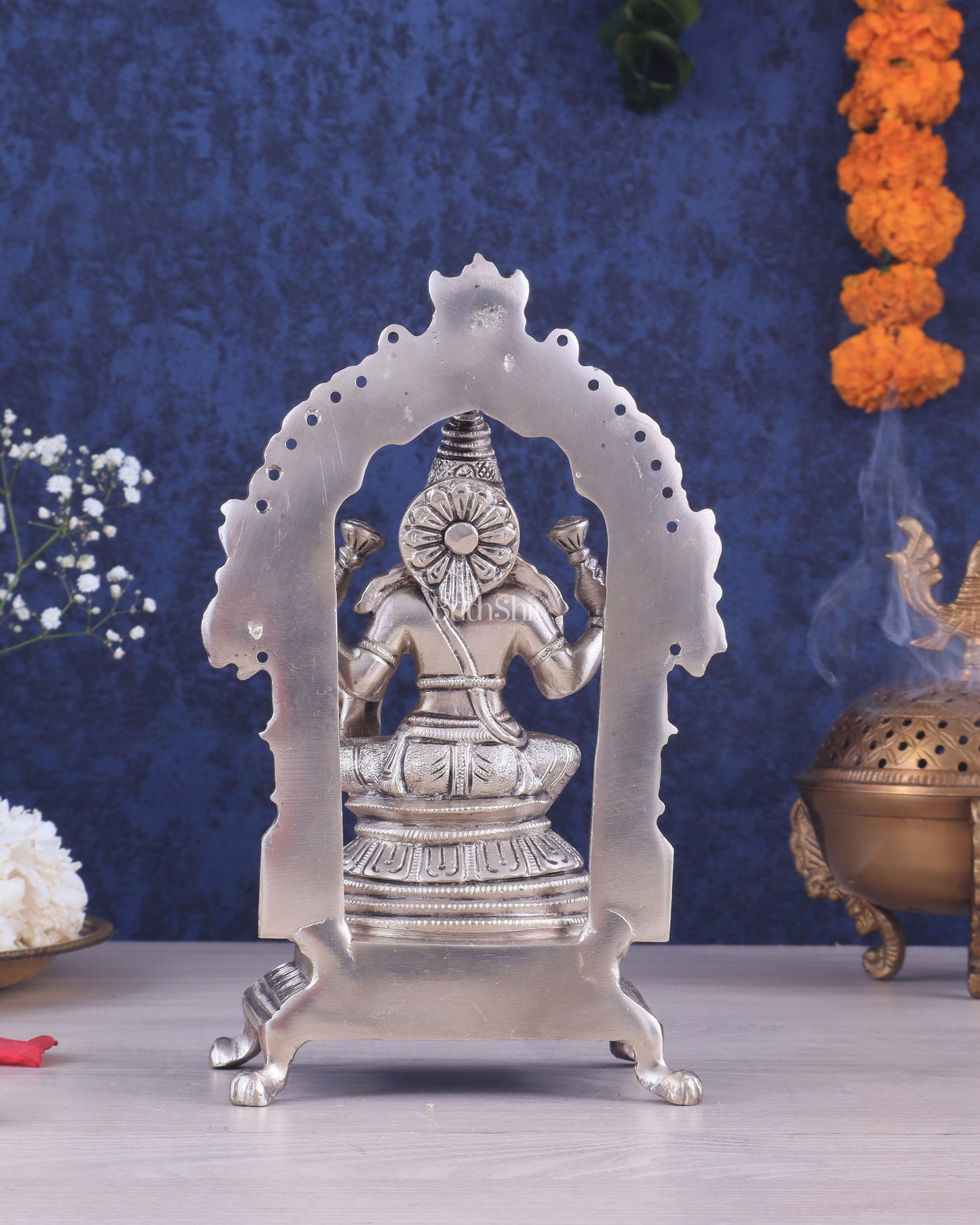 Pure Brass Goddess Lakshmi Seated on a Throne – Silver Plated Idol 8"