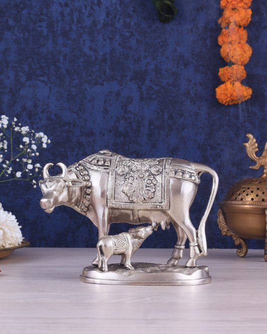 Pure Brass Kamadhenu Cow with Calf Statue – Silver plated