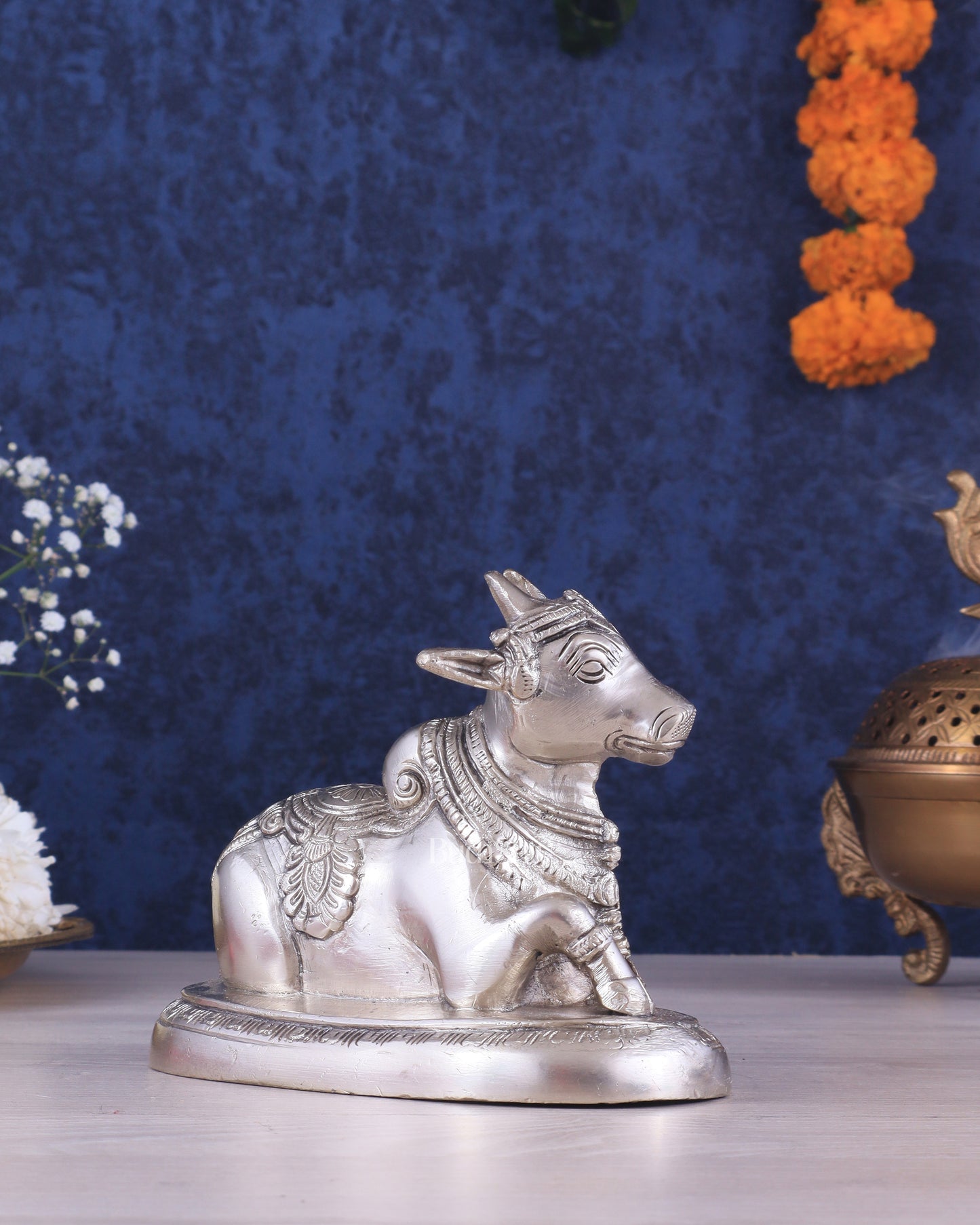 Brass Superfine Nandi Bull Idol | 5.5 inch silver plated