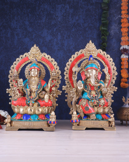 Lord Ganesha and Goddess Lakshmi Brass Statues - Height 18 inches