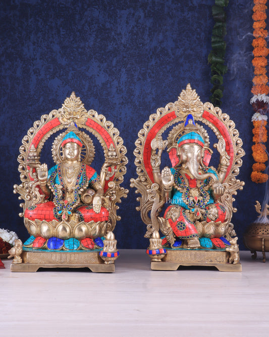 Lord Ganesha and Goddess Lakshmi Brass Statues - Height 18 inches