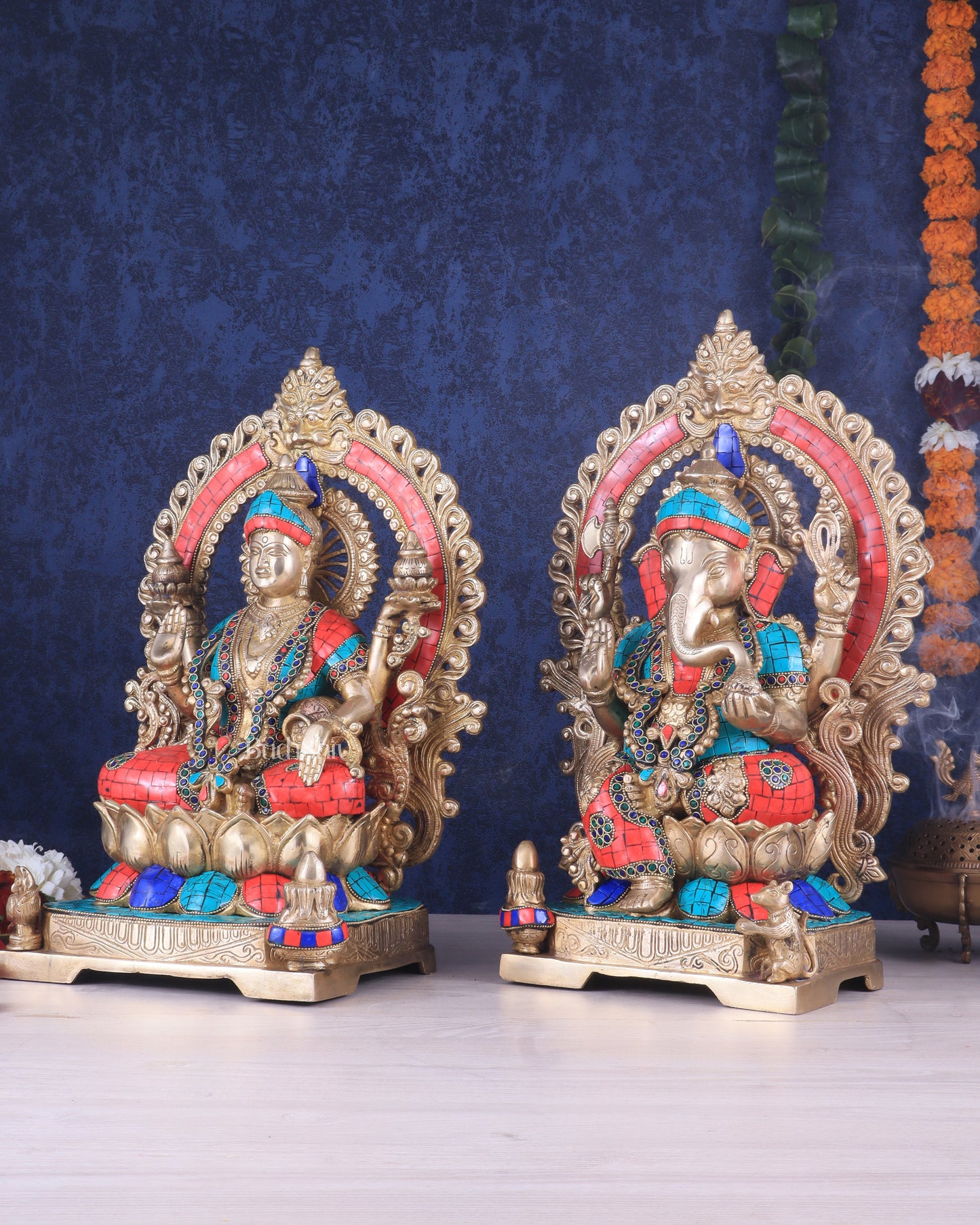 Lord Ganesha and Goddess Lakshmi Brass Statues - Height 18 inches