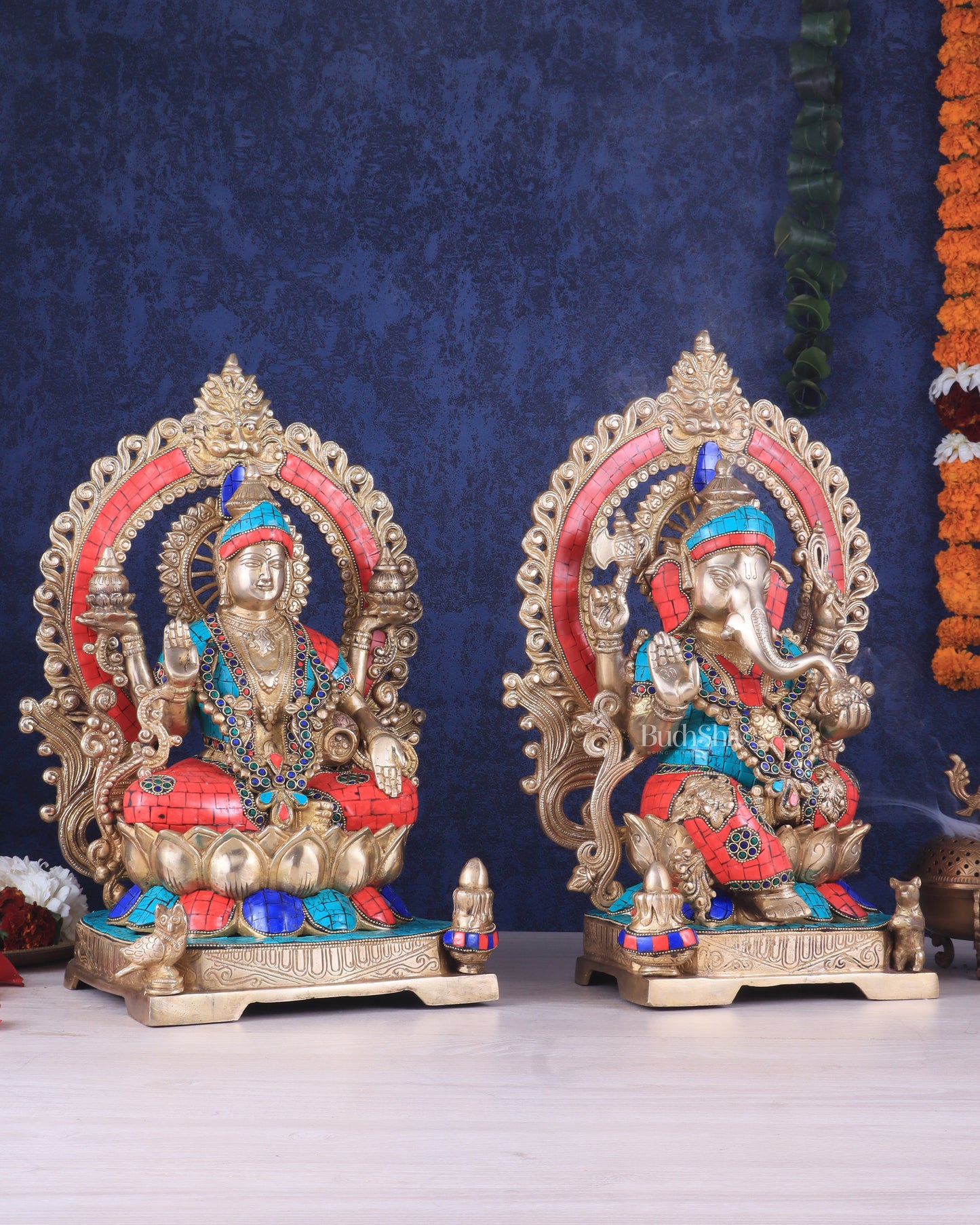 Lord Ganesha and Goddess Lakshmi Brass Statues - Height 18 inches