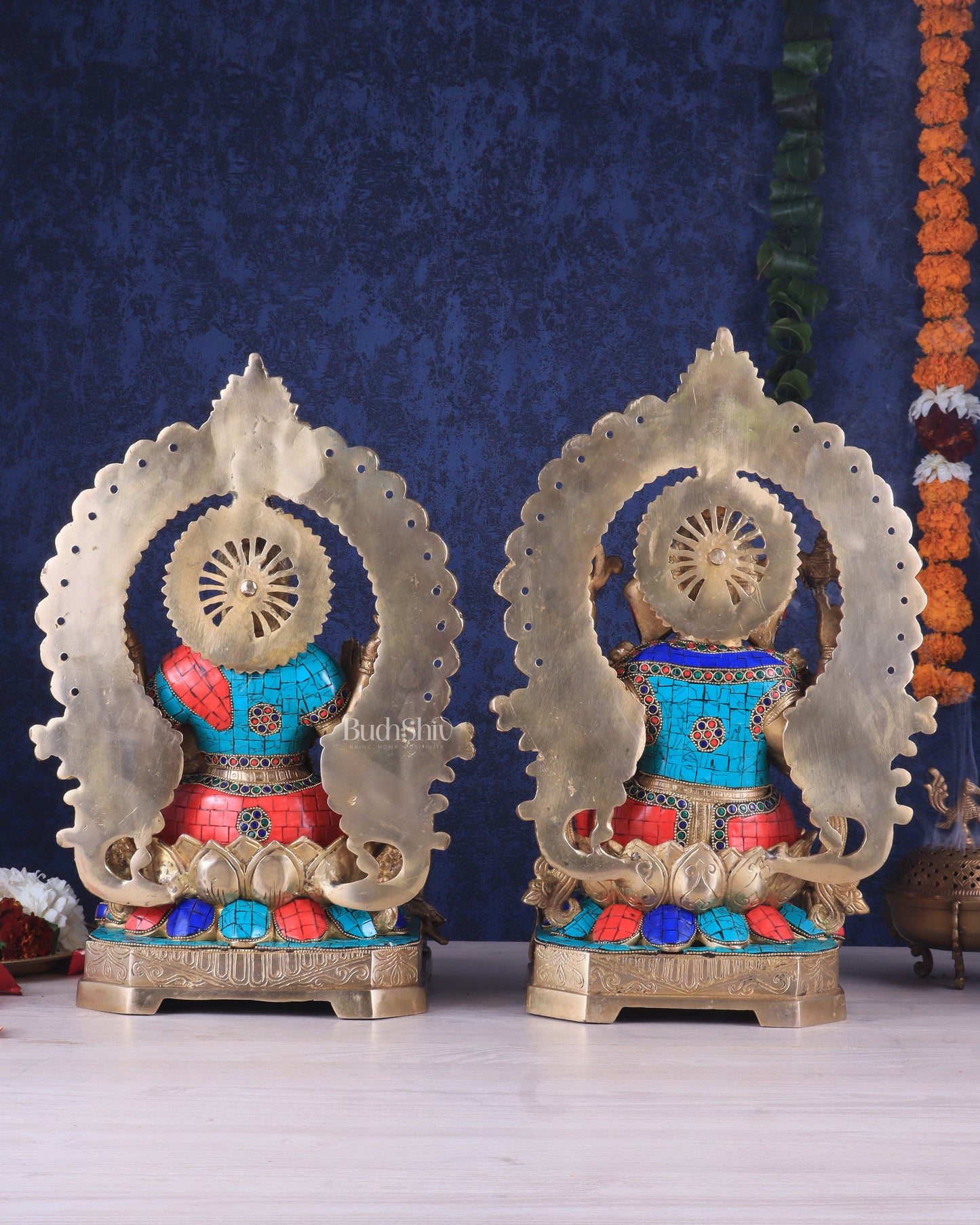 Lord Ganesha and Goddess Lakshmi Brass Statues - Height 18 inches