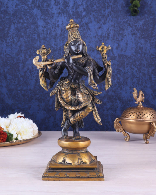 Pure Brass Krishna Roopam Vishnu Sculpture - black and gold Finish | 12"