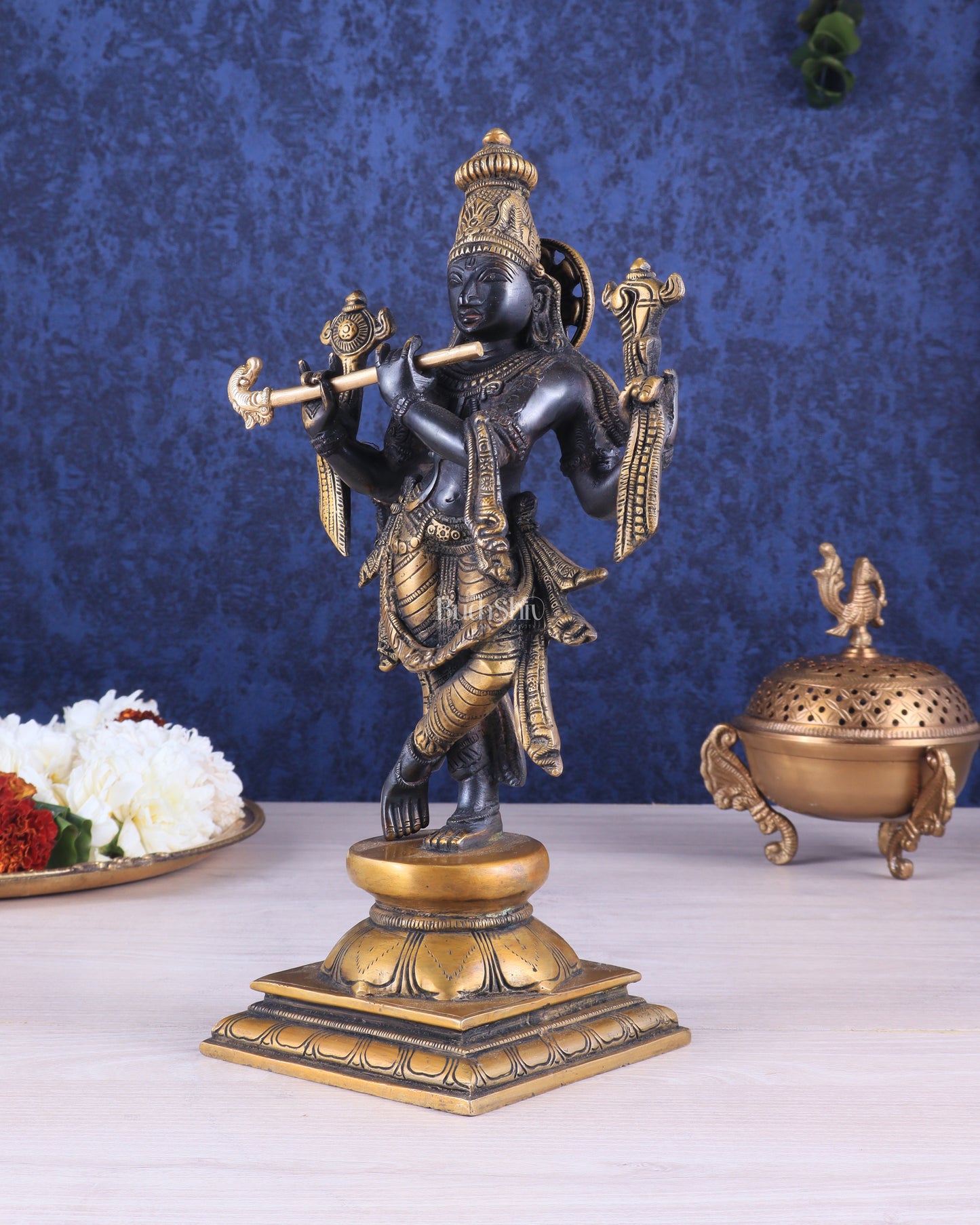 Pure Brass Krishna Roopam Vishnu Sculpture - black and gold Finish | 12"