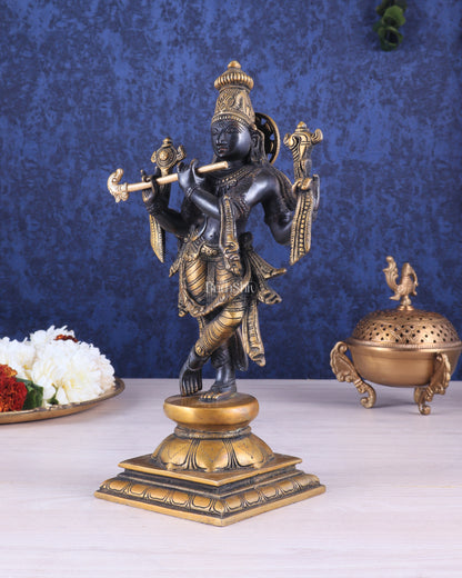 Pure Brass Krishna Roopam Vishnu Sculpture - black and gold Finish | 12"