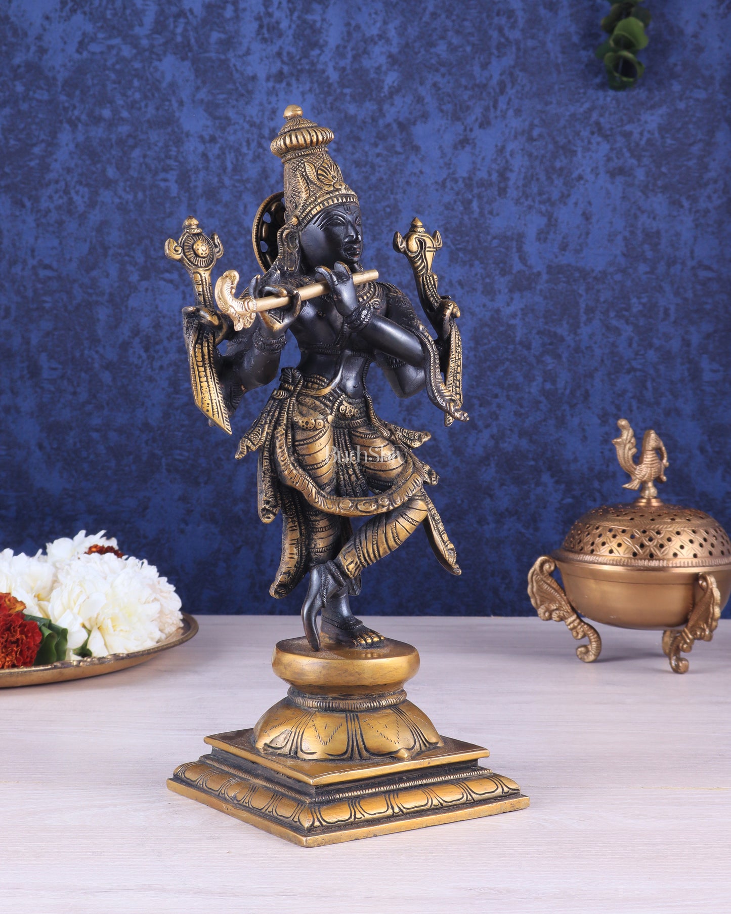 Pure Brass Krishna Roopam Vishnu Sculpture - black and gold Finish | 12"