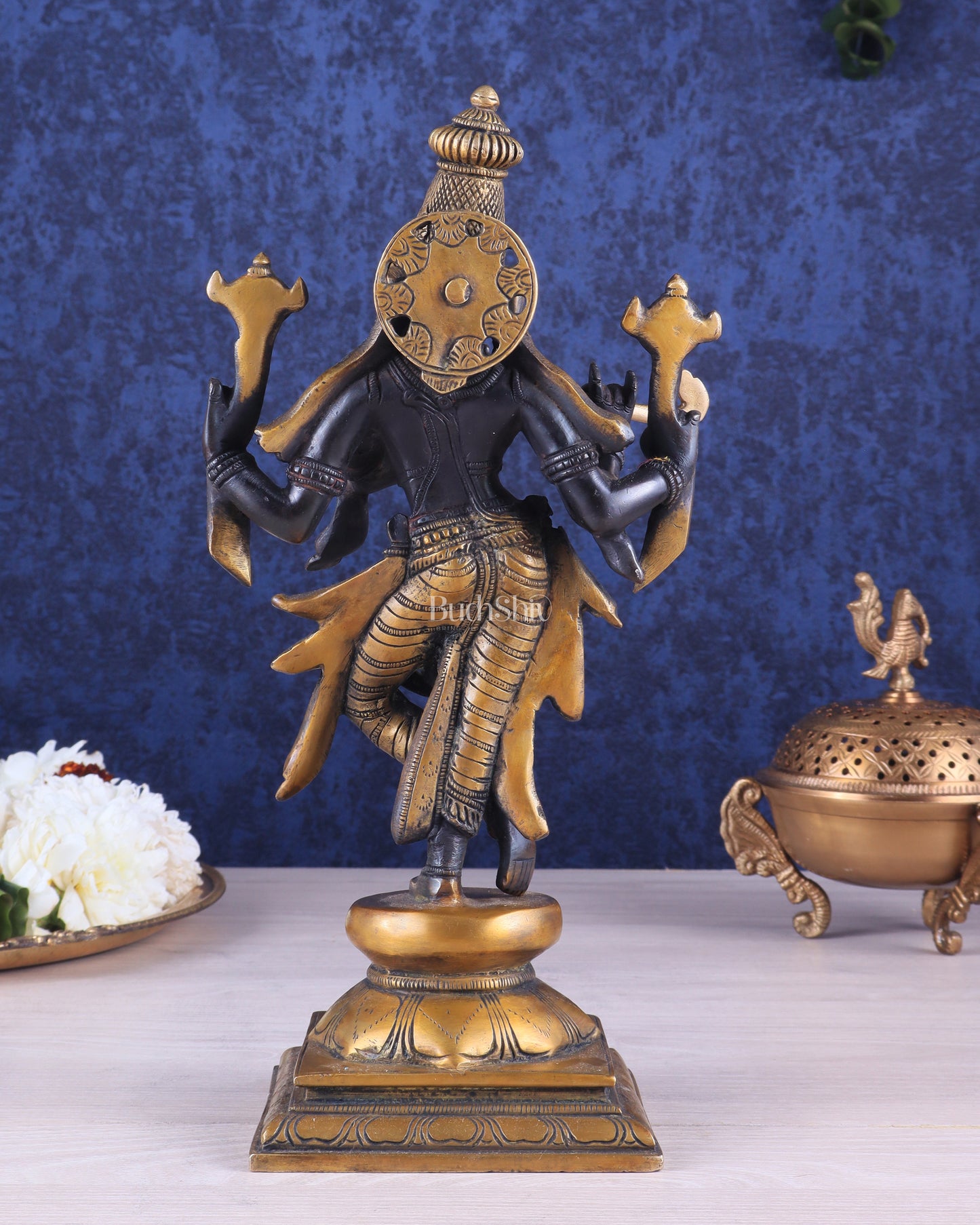 Pure Brass Krishna Roopam Vishnu Sculpture - black and gold Finish | 12"