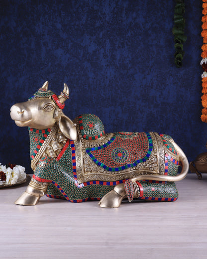 Elegant Brass Nandi Statue with Intricate Stonework 21"