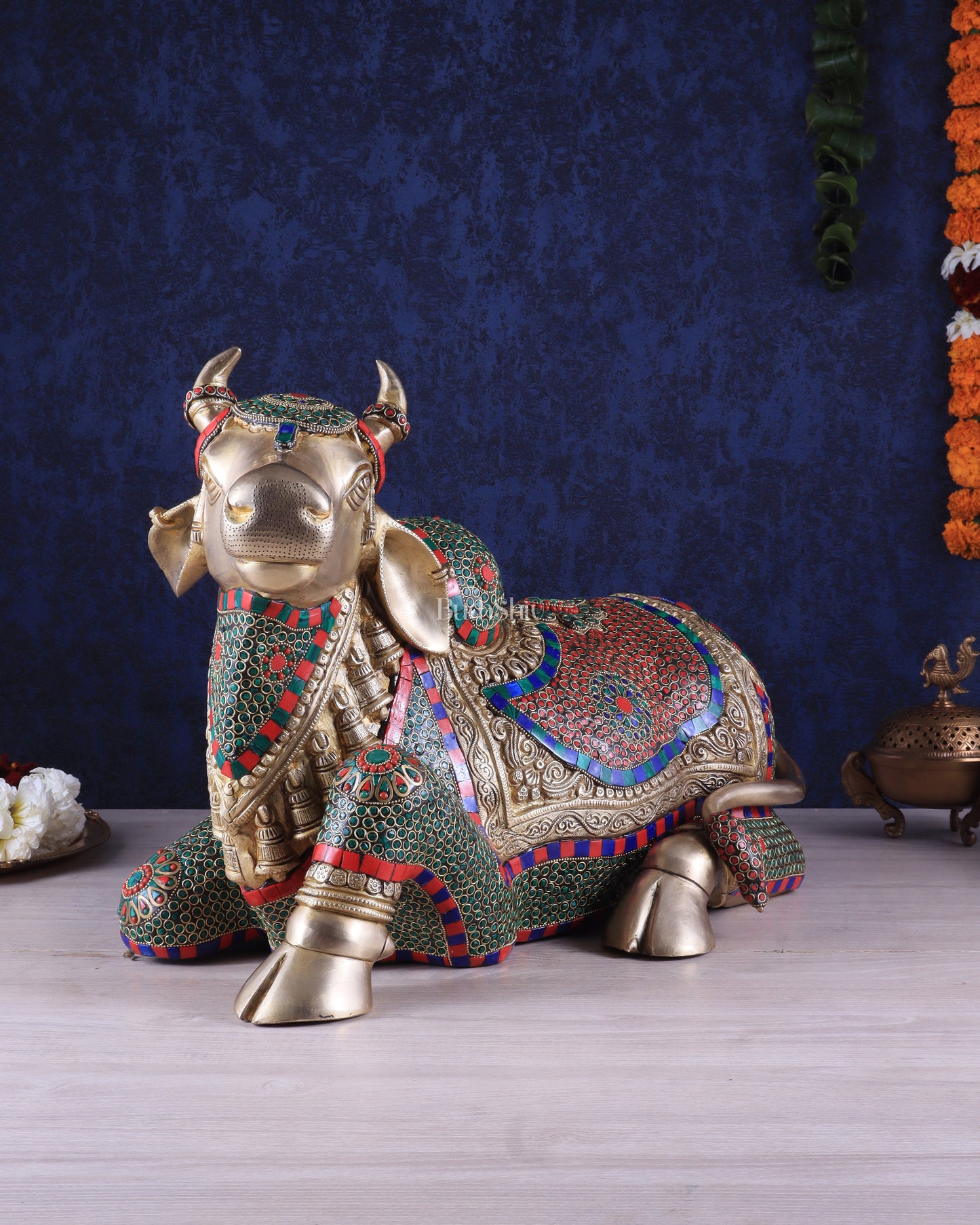 Elegant Brass Nandi Statue with Intricate Stonework 21"