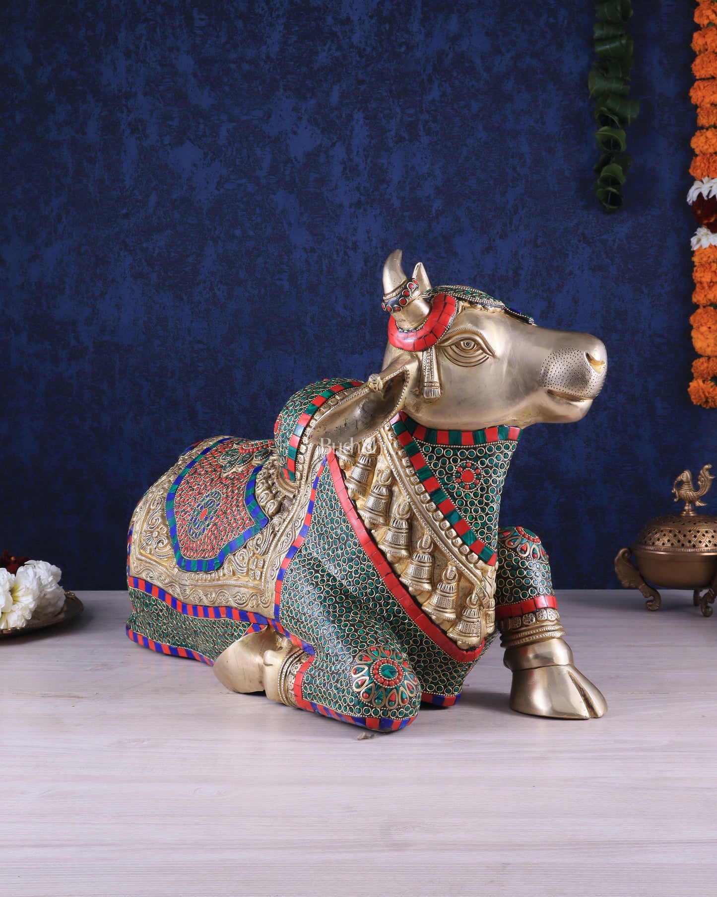 Elegant Brass Nandi Statue with Intricate Stonework 21"