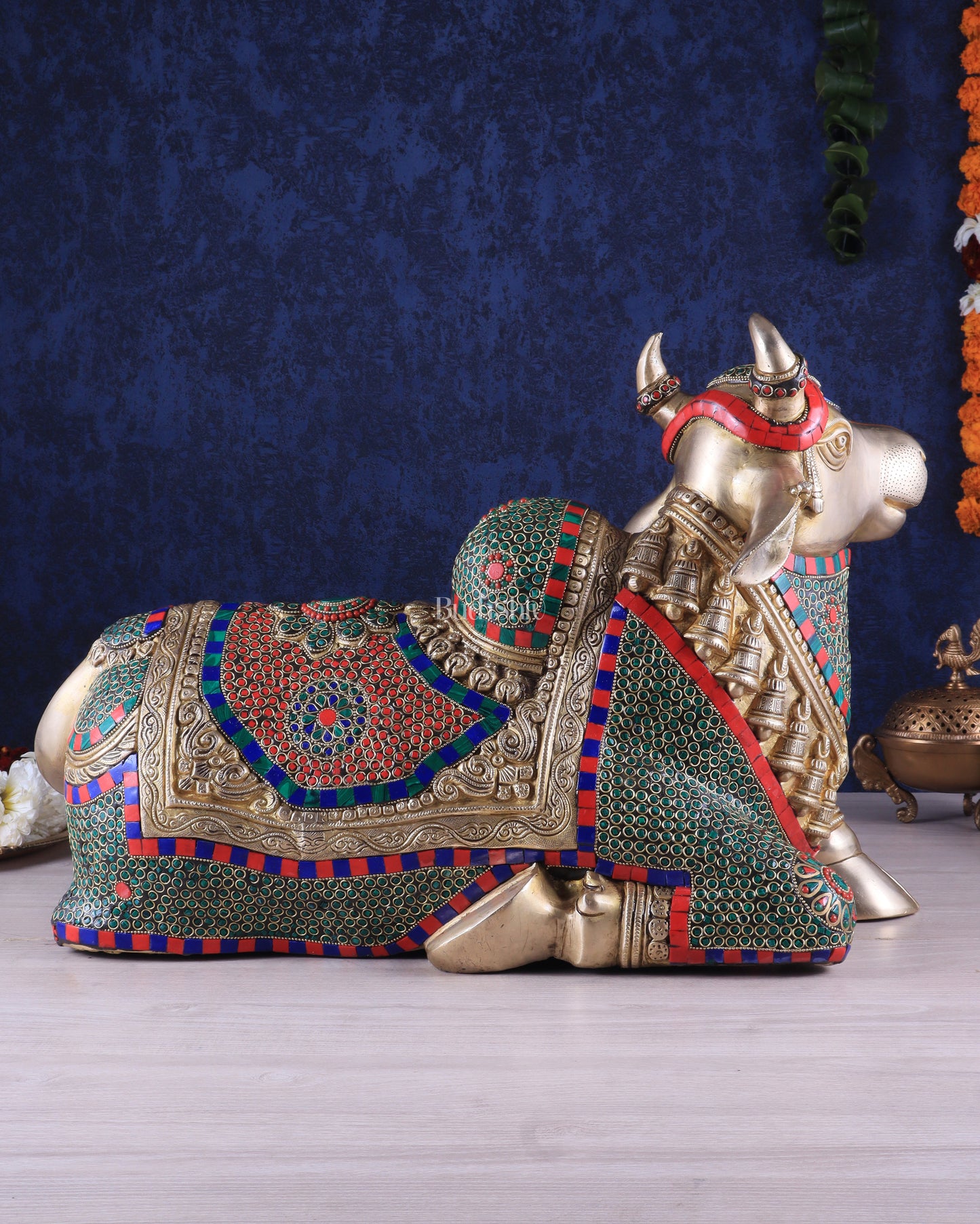 Elegant Brass Nandi Statue with Intricate Stonework 21"