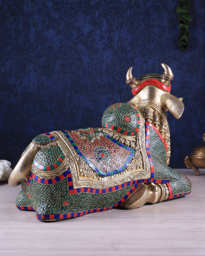 Elegant Brass Nandi Statue with Intricate Stonework 21"