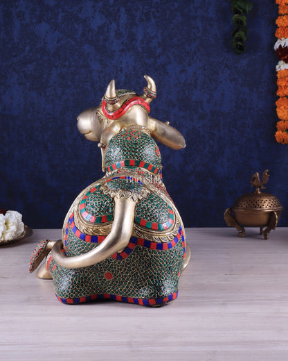 Elegant Brass Nandi Statue with Intricate Stonework 21"