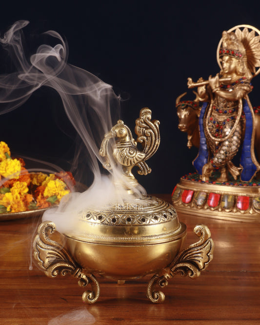 Brass Handcrafted Peacock Dhoop Dhani | Loban and Dhoop Burner 7 inch