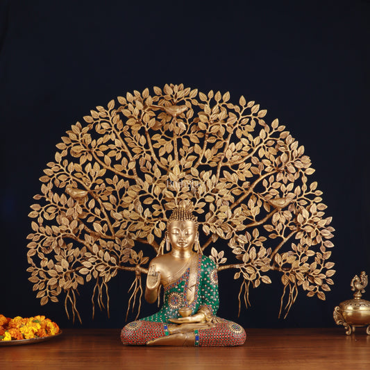 Brass Buddha Abhaya Mudra Statue & Superfine Kalpavriksha Tree – Divine Decor Combo