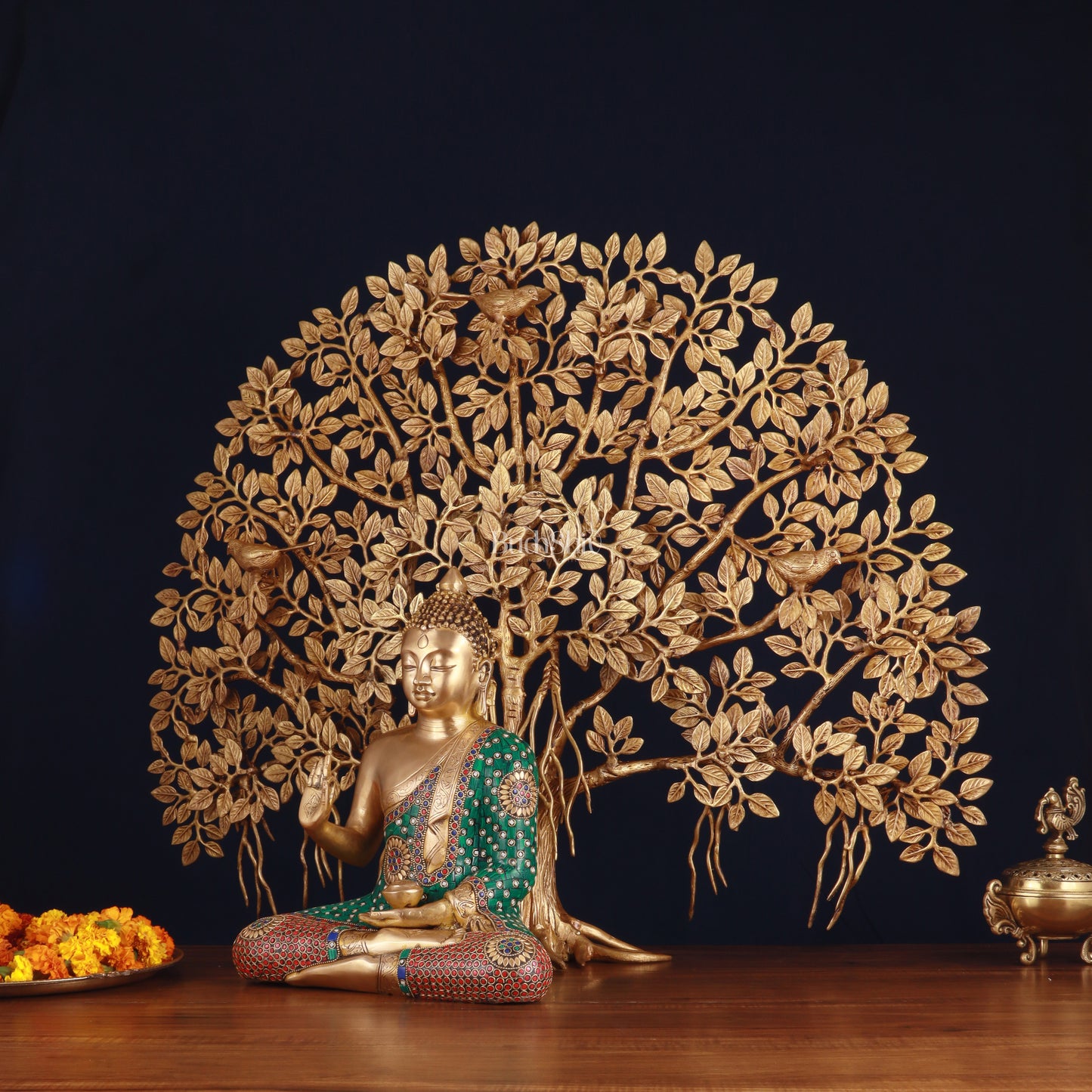 Brass Buddha Abhaya Mudra Statue & Superfine Kalpavriksha Tree – Divine Decor Combo