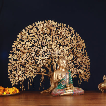 Brass Buddha Abhaya Mudra Statue & Superfine Kalpavriksha Tree – Divine Decor Combo