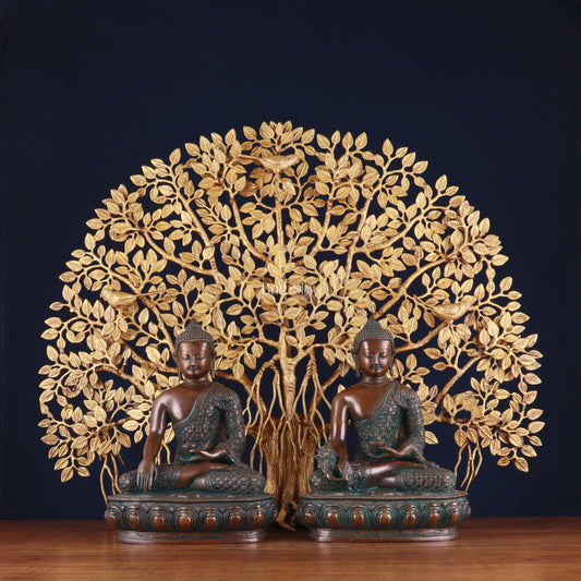 Pair of Brass Buddha Blessing Statues & Superfine Kalpavriksha Tree