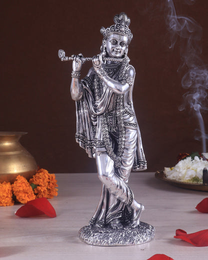 Superfine Brass Lord Krishna Intricate Idol 10" silver plated