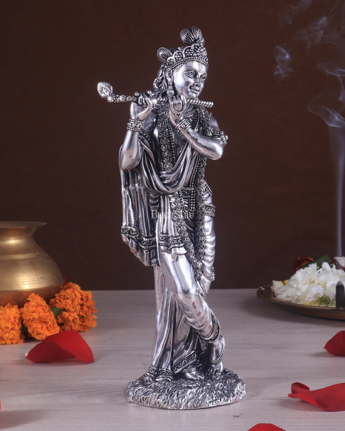 Superfine Brass Lord Krishna Intricate Idol 10" silver plated